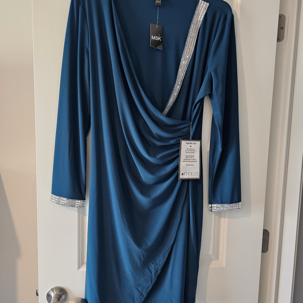 Macy's MSK Asymmetrical Teal Dress with Silver Trim